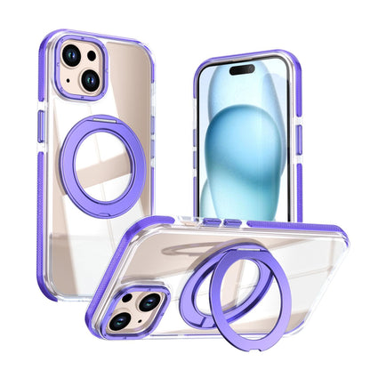For iPhone 15 Dual Color Clear 360 Degree Rotation Holder Magnetic Phone Case - Purple - EDA009691612E
