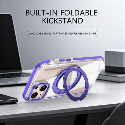 For iPhone 15 Dual Color Clear 360 Degree Rotation Holder Magnetic Phone Case - Purple - EDA009691612E