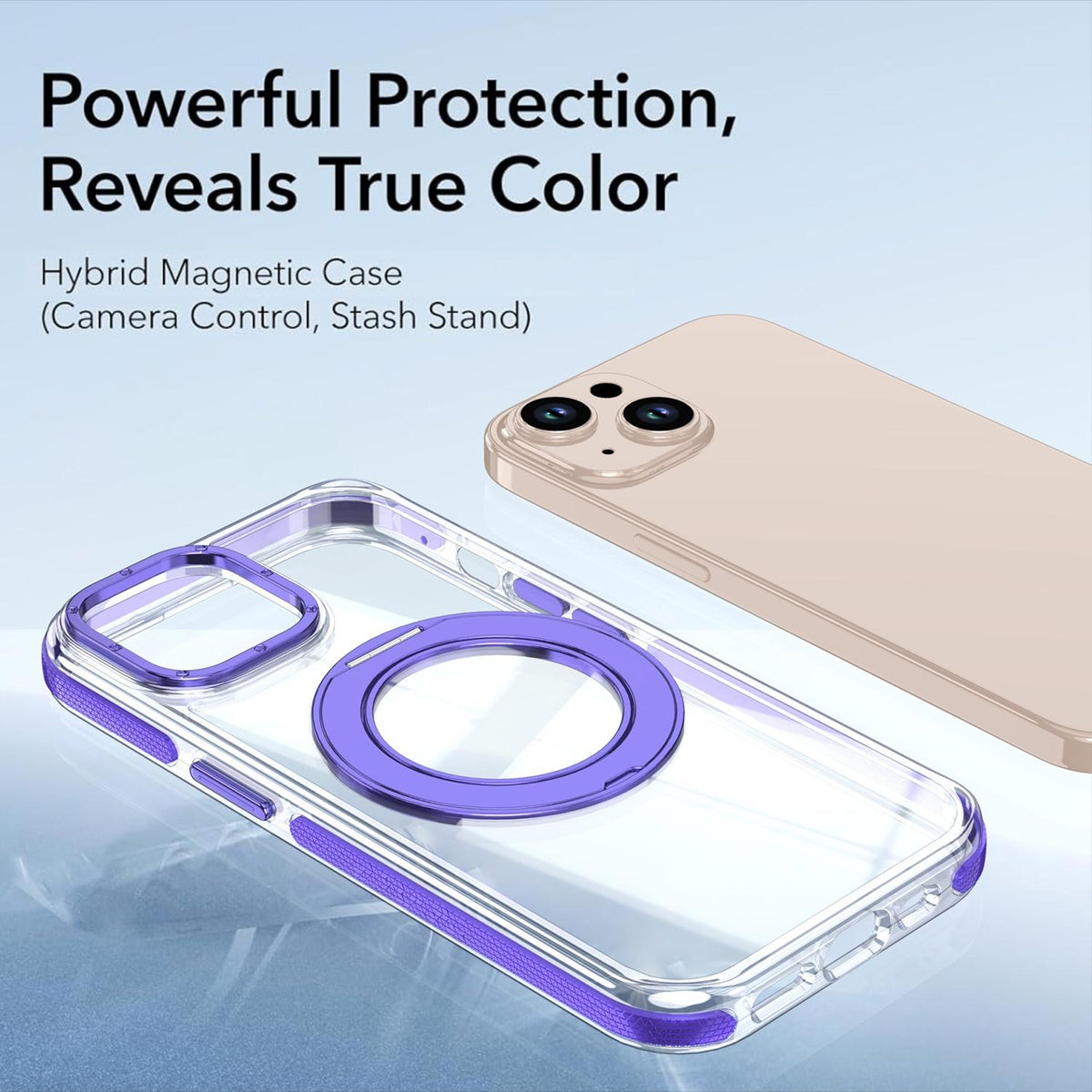 For iPhone 15 Dual Color Clear 360 Degree Rotation Holder Magnetic Phone Case - Purple - EDA009691612E