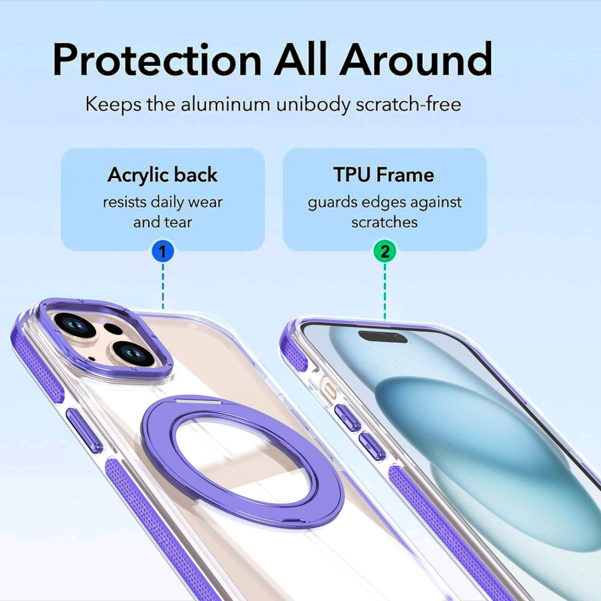 For iPhone 15 Dual Color Clear 360 Degree Rotation Holder Magnetic Phone Case - Purple - EDA009691612E