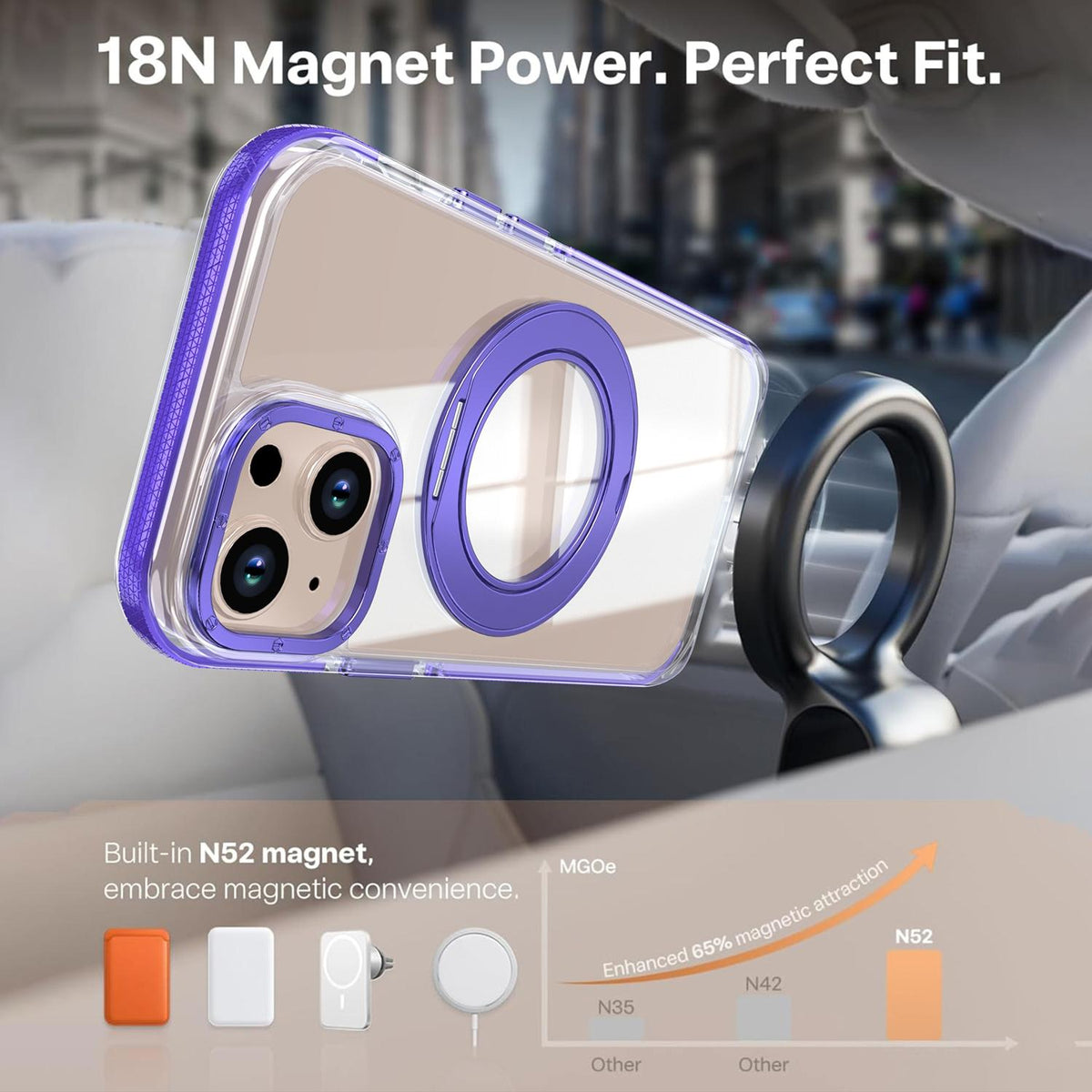 For iPhone 15 Dual Color Clear 360 Degree Rotation Holder Magnetic Phone Case - Purple - EDA009691612E