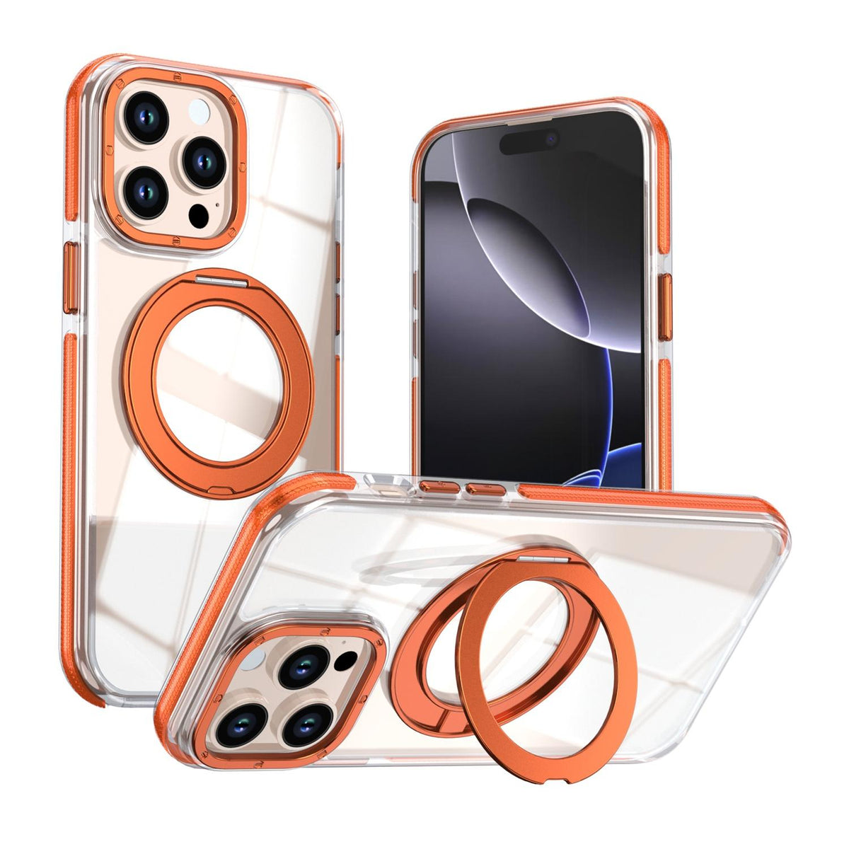 For iPhone 14 Pro Dual Color Clear 360 Degree Rotation Holder Magnetic Phone Case - Orange - EDA009691614B