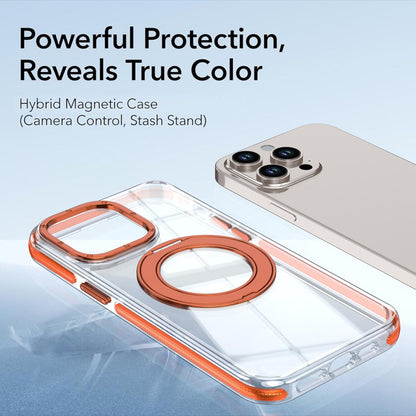 For iPhone 14 Pro Dual Color Clear 360 Degree Rotation Holder Magnetic Phone Case - Orange - EDA009691614B