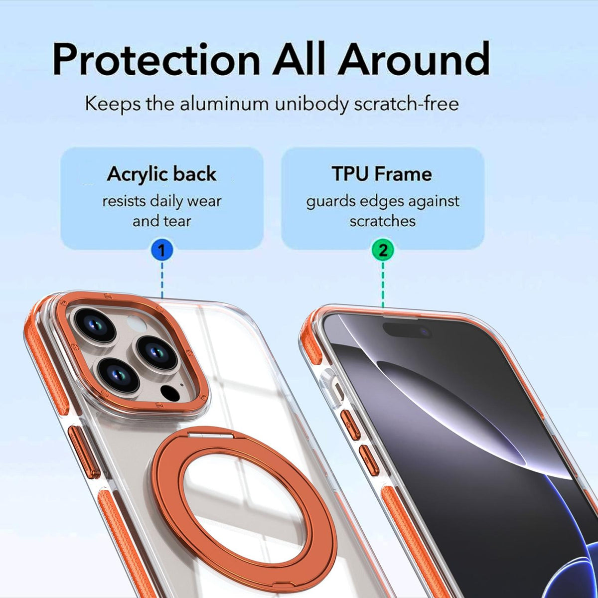 For iPhone 14 Pro Dual Color Clear 360 Degree Rotation Holder Magnetic Phone Case - Orange - EDA009691614B