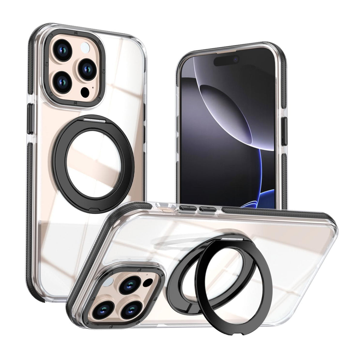 For iPhone 14 Pro Dual Color Clear 360 Degree Rotation Holder Magnetic Phone Case - Black - EDA009691614C