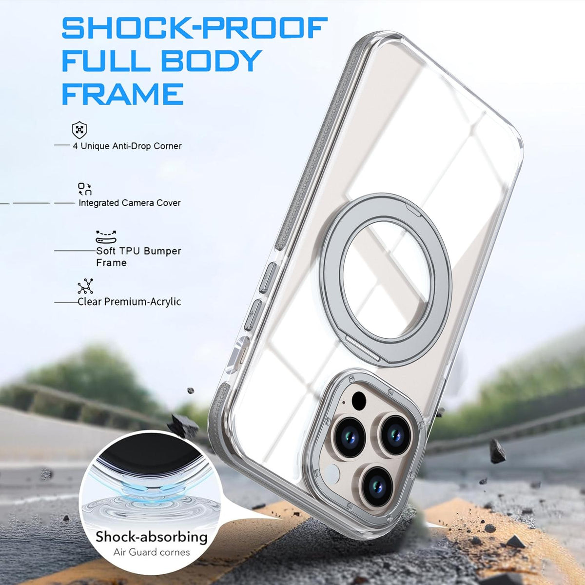 For iPhone 14 Pro Dual Color Clear 360 Degree Rotation Holder Magnetic Phone Case - Grey - EDA009691614D