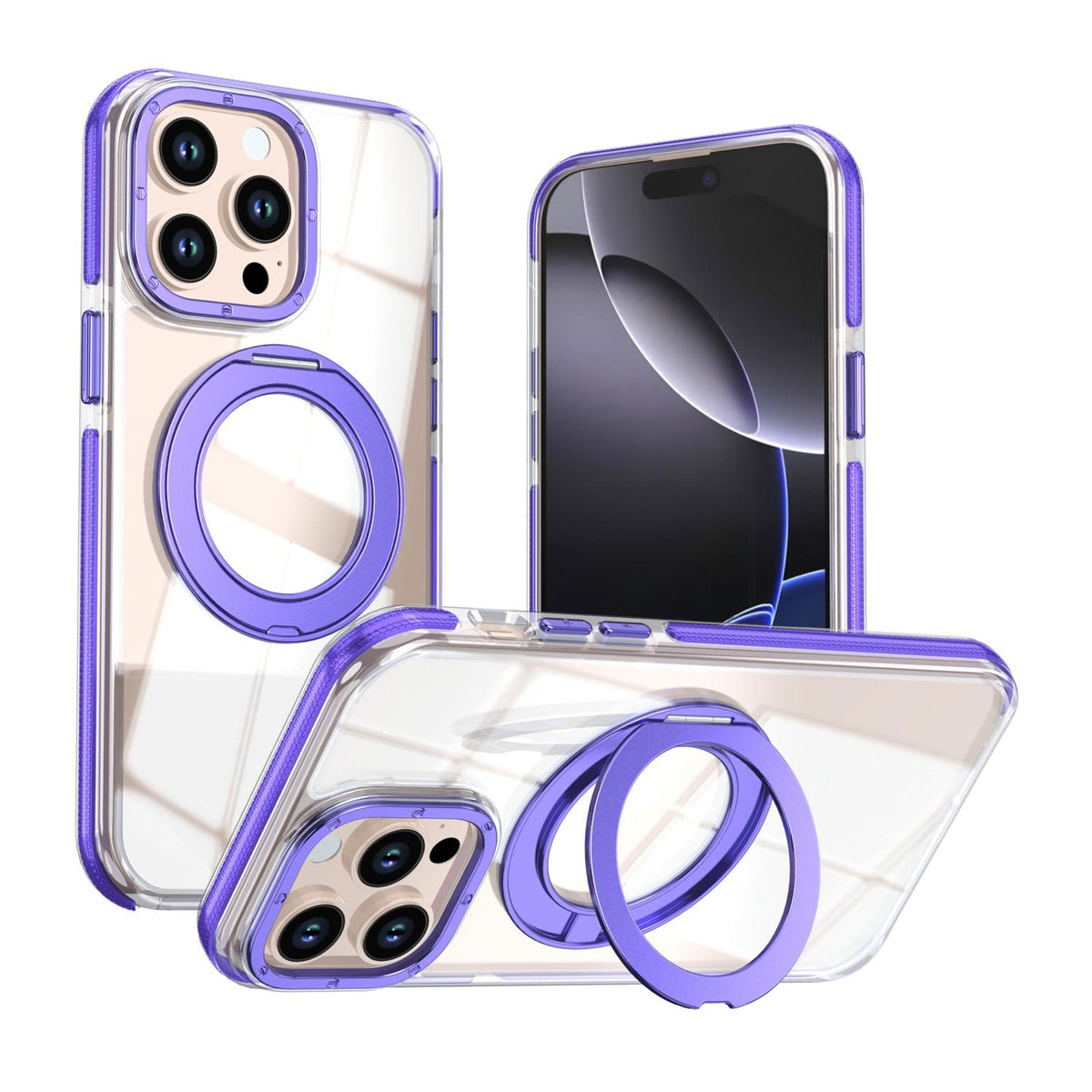 For iPhone 14 Pro Dual Color Clear 360 Degree Rotation Holder Magnetic Phone Case - Purple - EDA009691614E