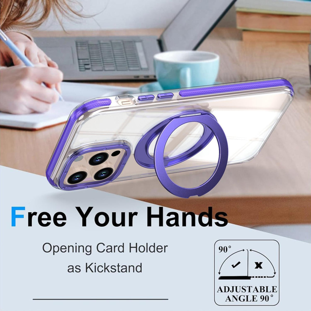 For iPhone 14 Pro Dual Color Clear 360 Degree Rotation Holder Magnetic Phone Case - Purple - EDA009691614E