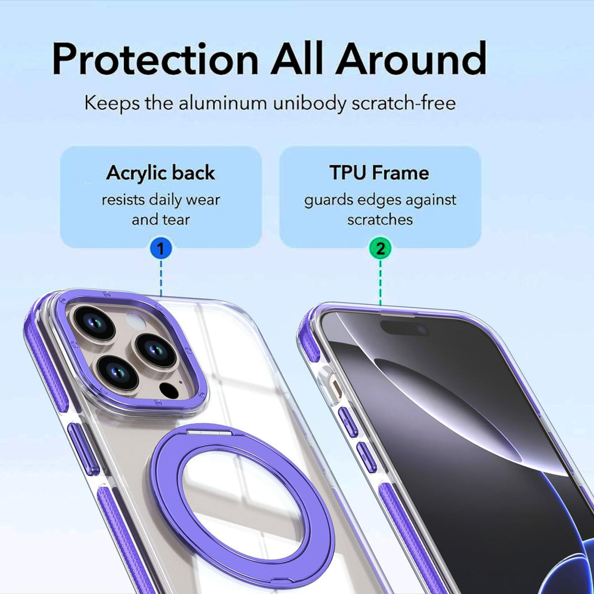 For iPhone 14 Pro Dual Color Clear 360 Degree Rotation Holder Magnetic Phone Case - Purple - EDA009691614E
