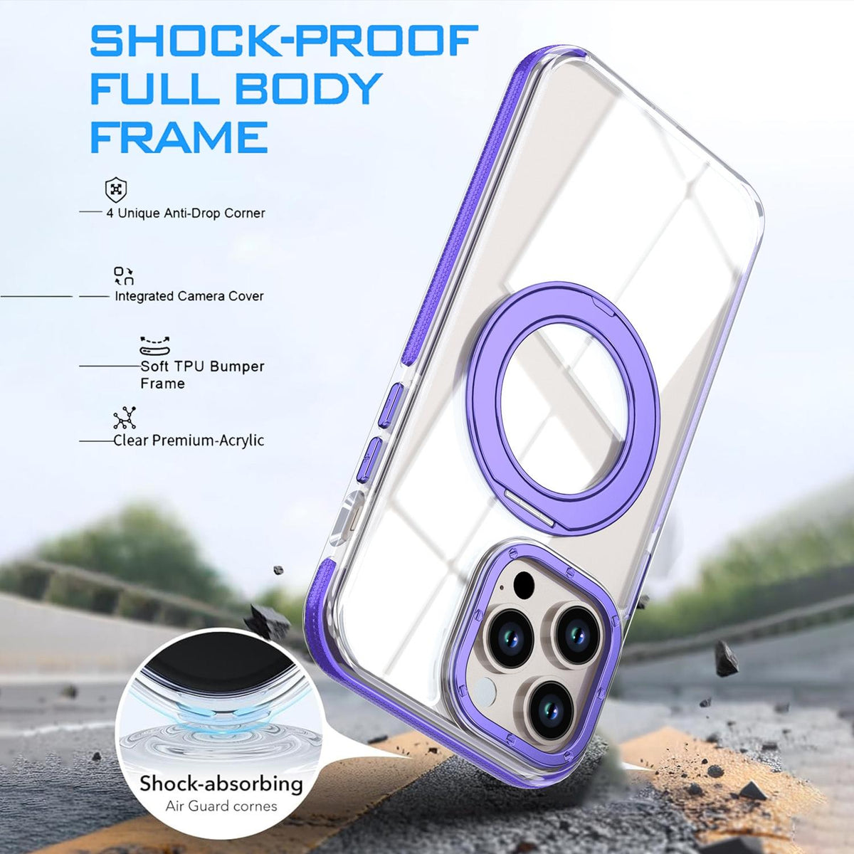 For iPhone 14 Pro Dual Color Clear 360 Degree Rotation Holder Magnetic Phone Case - Purple - EDA009691614E