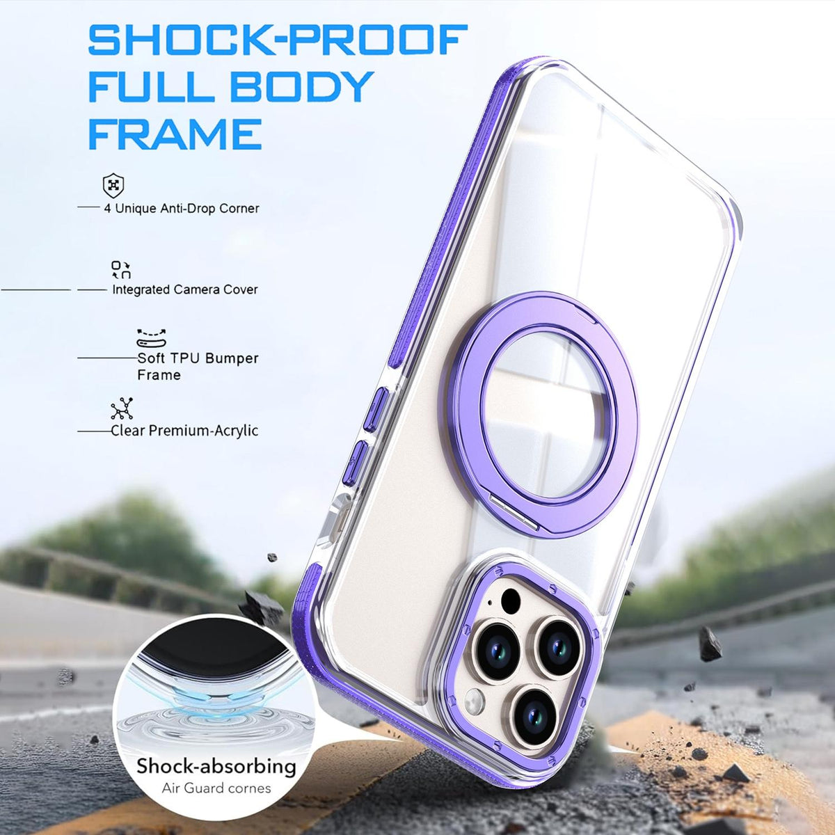For iPhone 13 Pro Max Dual Color Clear 360 Degree Rotation Holder Magnetic Phone Case - Purple - EDA009691616E