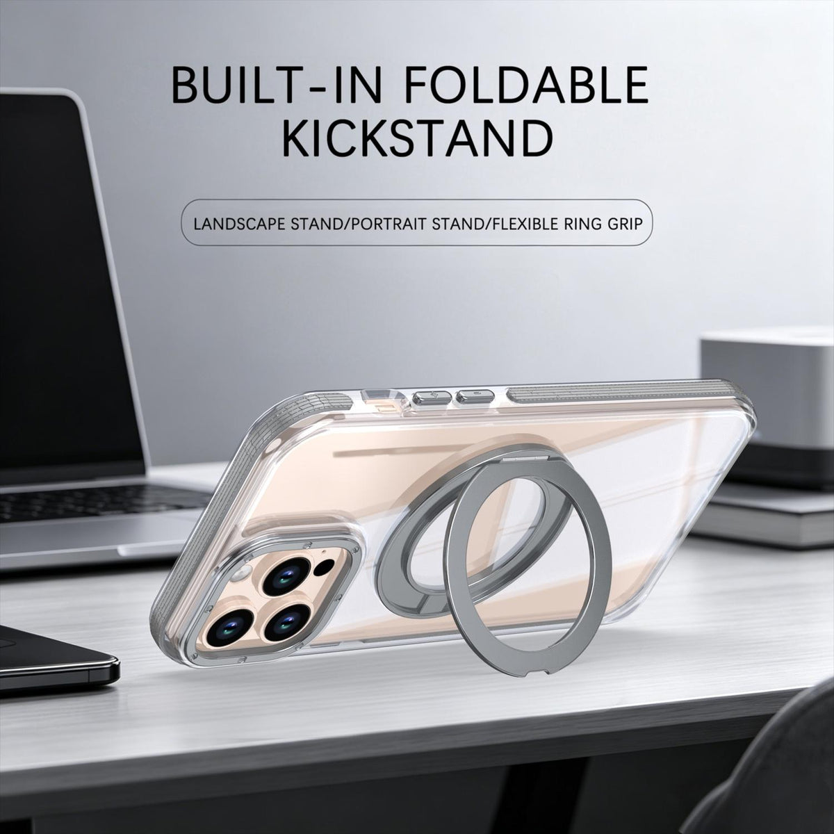 For iPhone 13 Pro Dual Color Clear 360 Degree Rotation Holder Magnetic Phone Case - Grey - EDA009691617D