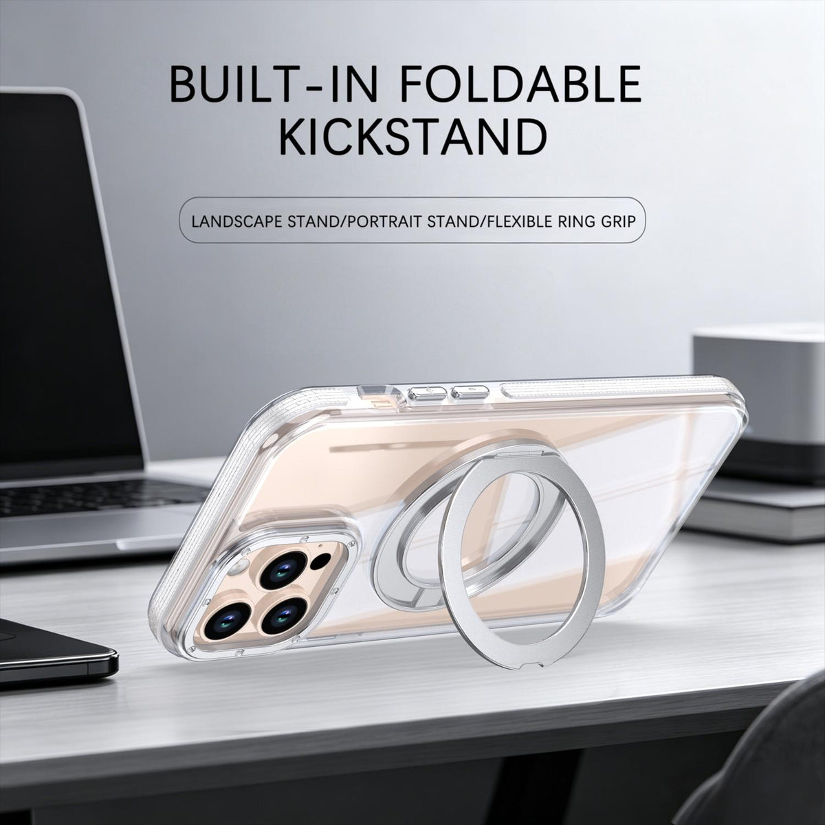 For iPhone 12 Pro Max Dual Color Clear 360 Degree Rotation Holder Magnetic Phone Case - White - EDA009691618A