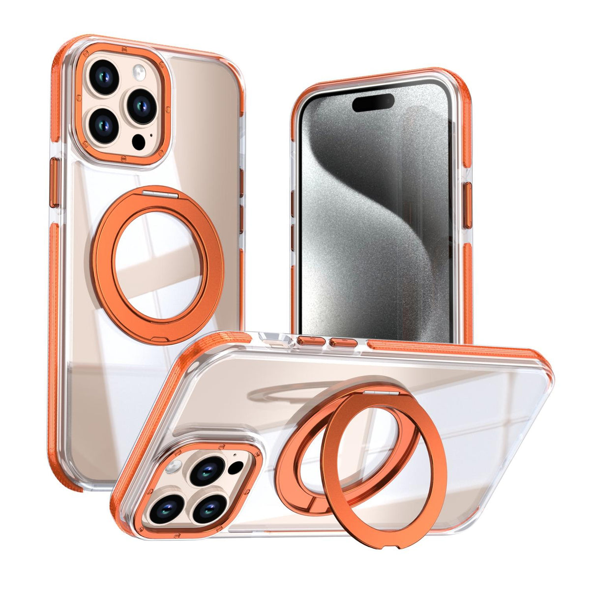 For iPhone 12 Pro Max Dual Color Clear 360 Degree Rotation Holder Magnetic Phone Case - Orange - EDA009691618B