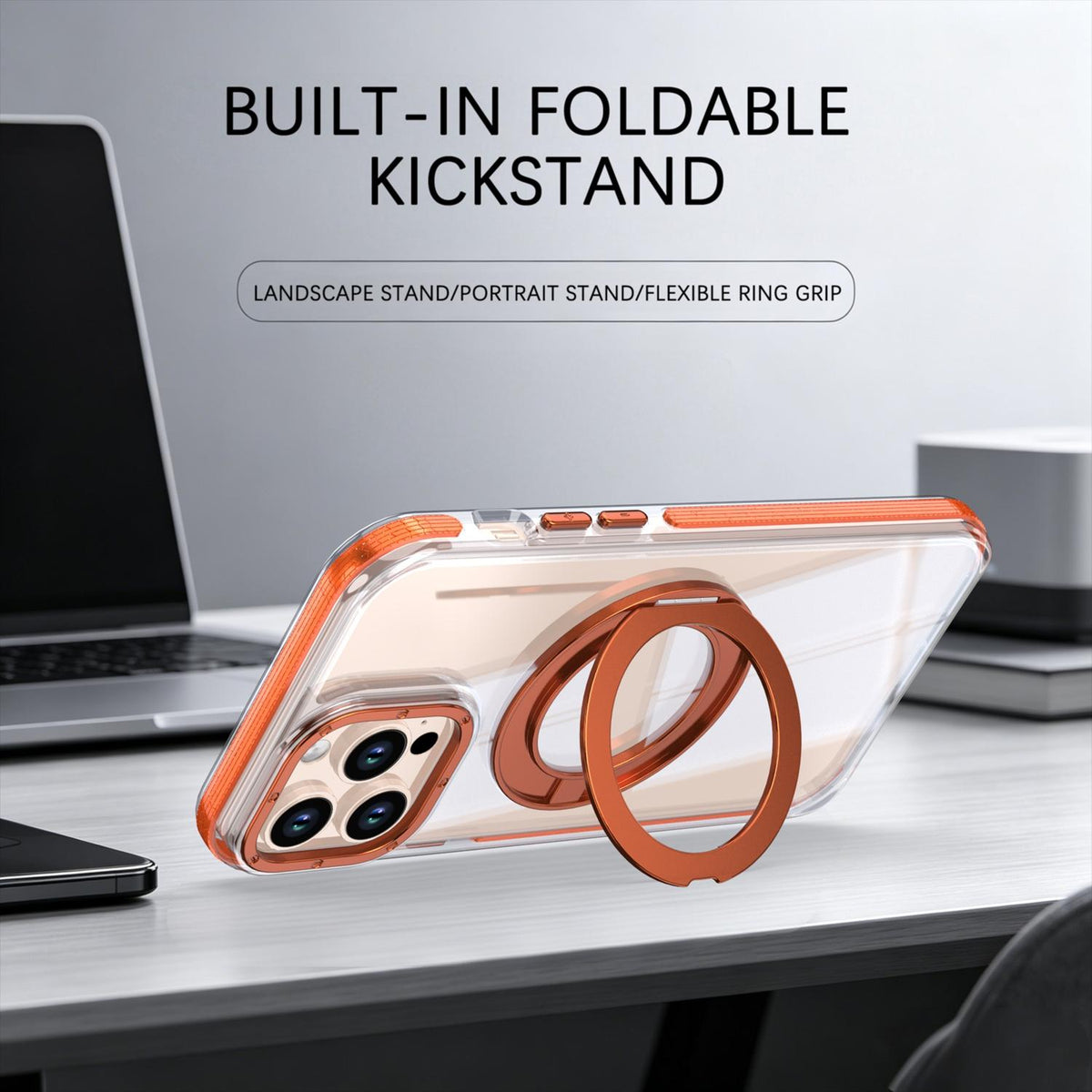 For iPhone 12 Pro Max Dual Color Clear 360 Degree Rotation Holder Magnetic Phone Case - Orange - EDA009691618B