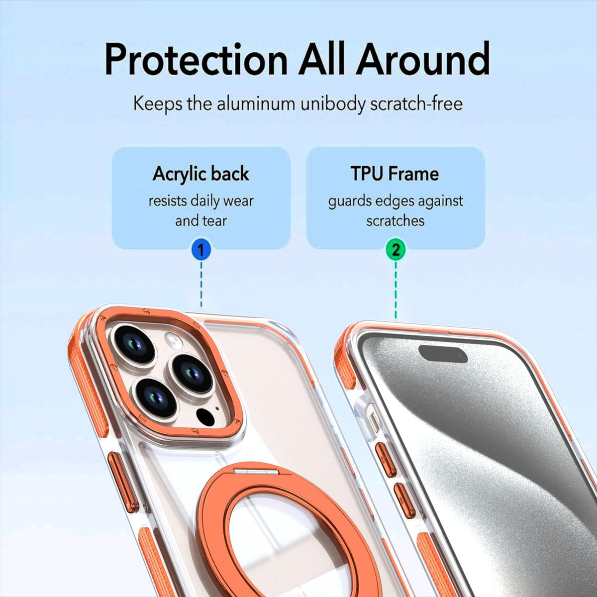 For iPhone 12 Pro Max Dual Color Clear 360 Degree Rotation Holder Magnetic Phone Case - Orange - EDA009691618B