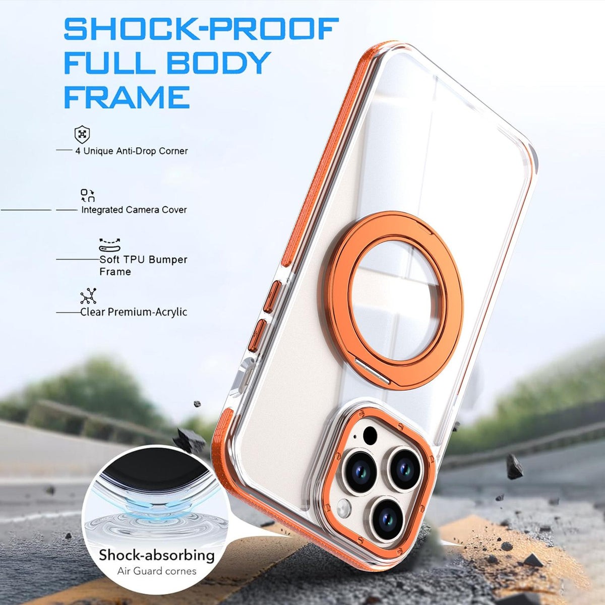 For iPhone 12 Pro Max Dual Color Clear 360 Degree Rotation Holder Magnetic Phone Case - Orange - EDA009691618B