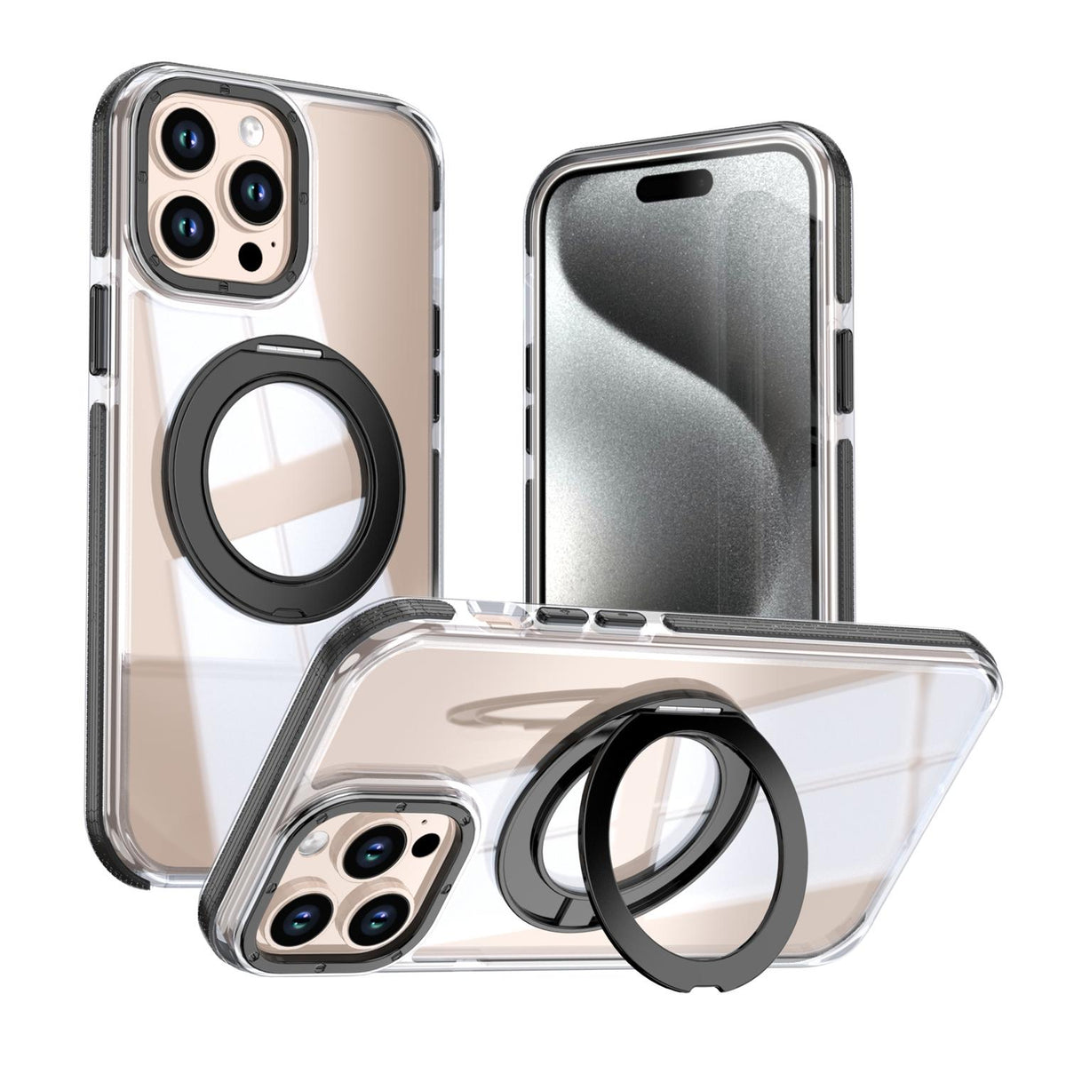 For iPhone 12 Pro Max Dual Color Clear 360 Degree Rotation Holder Magnetic Phone Case - Black - EDA009691618C