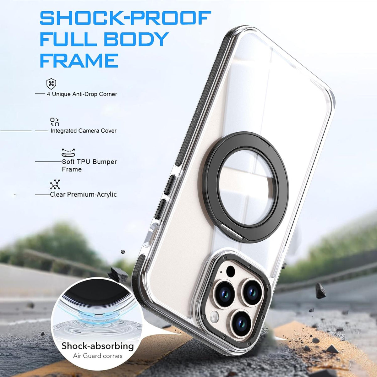 For iPhone 12 Pro Max Dual Color Clear 360 Degree Rotation Holder Magnetic Phone Case - Black - EDA009691618C