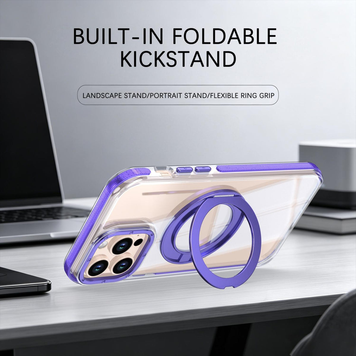 For iPhone 12 Pro Max Dual Color Clear 360 Degree Rotation Holder Magnetic Phone Case - Purple - EDA009691618E