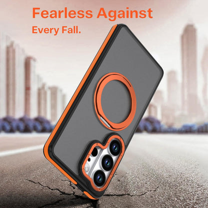 For Galaxy S23 Ultra 5G Dual Color Skin Feel 360 Degree Rotation Holder Magnetic Phone Case - Orange - EDA009691709A