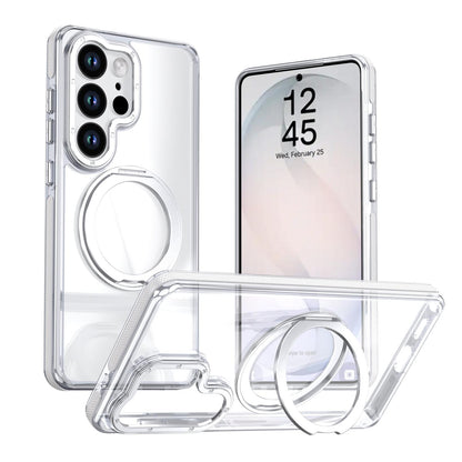 For Galaxy S25 Ultra 5G Dual Color Clear 360 Degree Rotation Holder Magnetic Phone Case - White - EDA009691904A