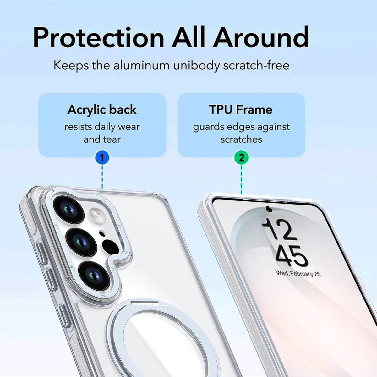 For Galaxy S25 Ultra 5G Dual Color Clear 360 Degree Rotation Holder Magnetic Phone Case - White - EDA009691904A