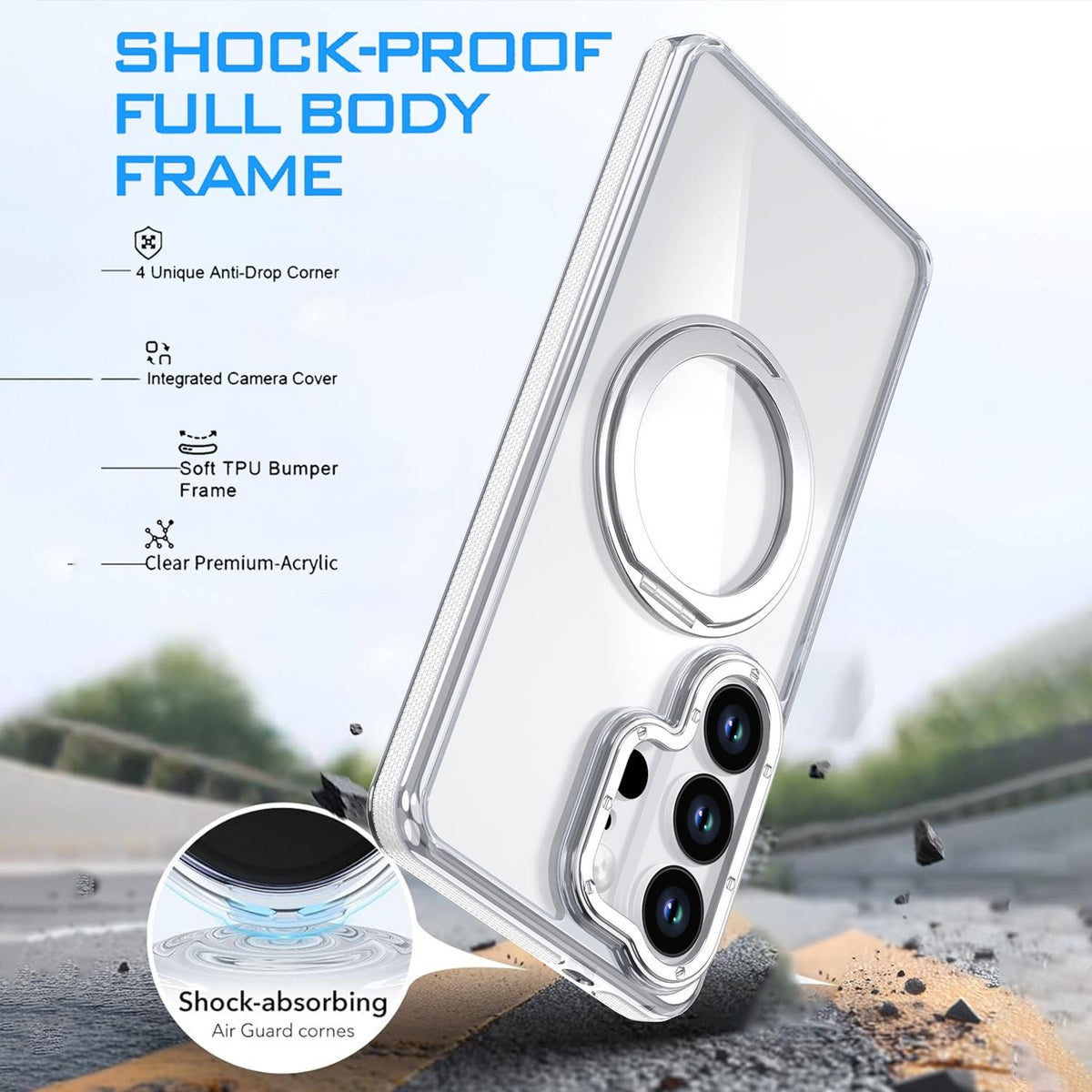 For Galaxy S25 Ultra 5G Dual Color Clear 360 Degree Rotation Holder Magnetic Phone Case - White - EDA009691904A