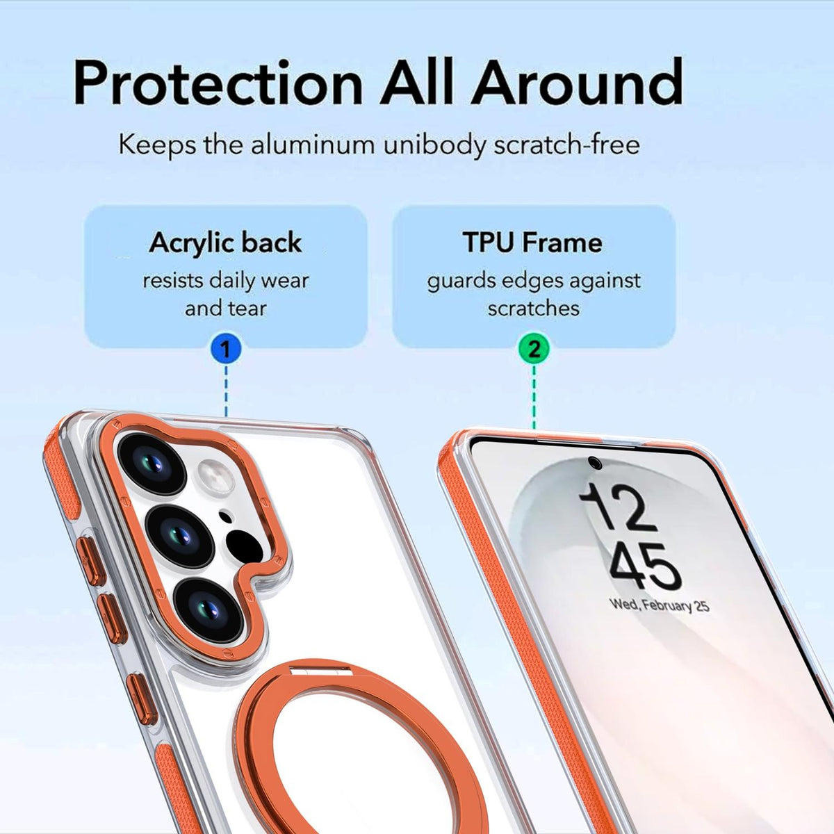 For Galaxy S25 Ultra 5G Dual Color Clear 360 Degree Rotation Holder Magnetic Phone Case - Orange - EDA009691904B