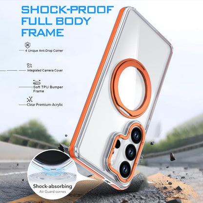 For Galaxy S25 Ultra 5G Dual Color Clear 360 Degree Rotation Holder Magnetic Phone Case - Orange - EDA009691904B