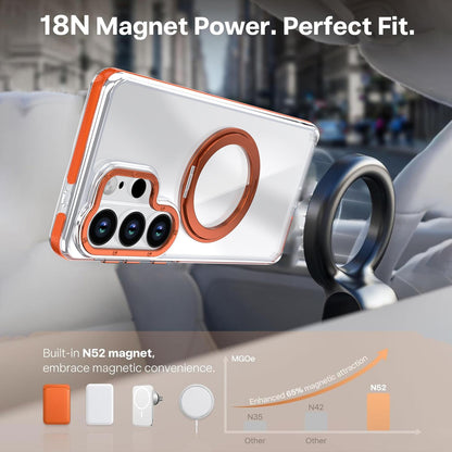 For Galaxy S25 Ultra 5G Dual Color Clear 360 Degree Rotation Holder Magnetic Phone Case - Orange - EDA009691904B