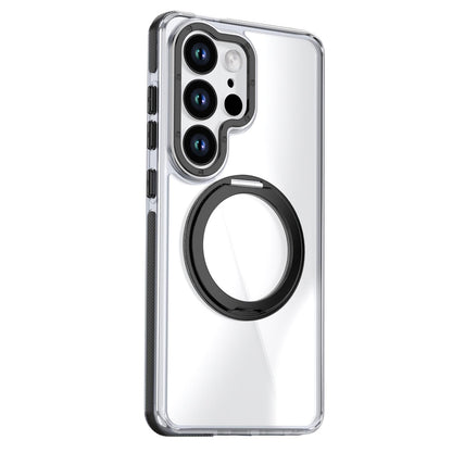For Galaxy S25 Ultra 5G Dual Color Clear 360 Degree Rotation Holder Magnetic Phone Case - Black - EDA009691904C