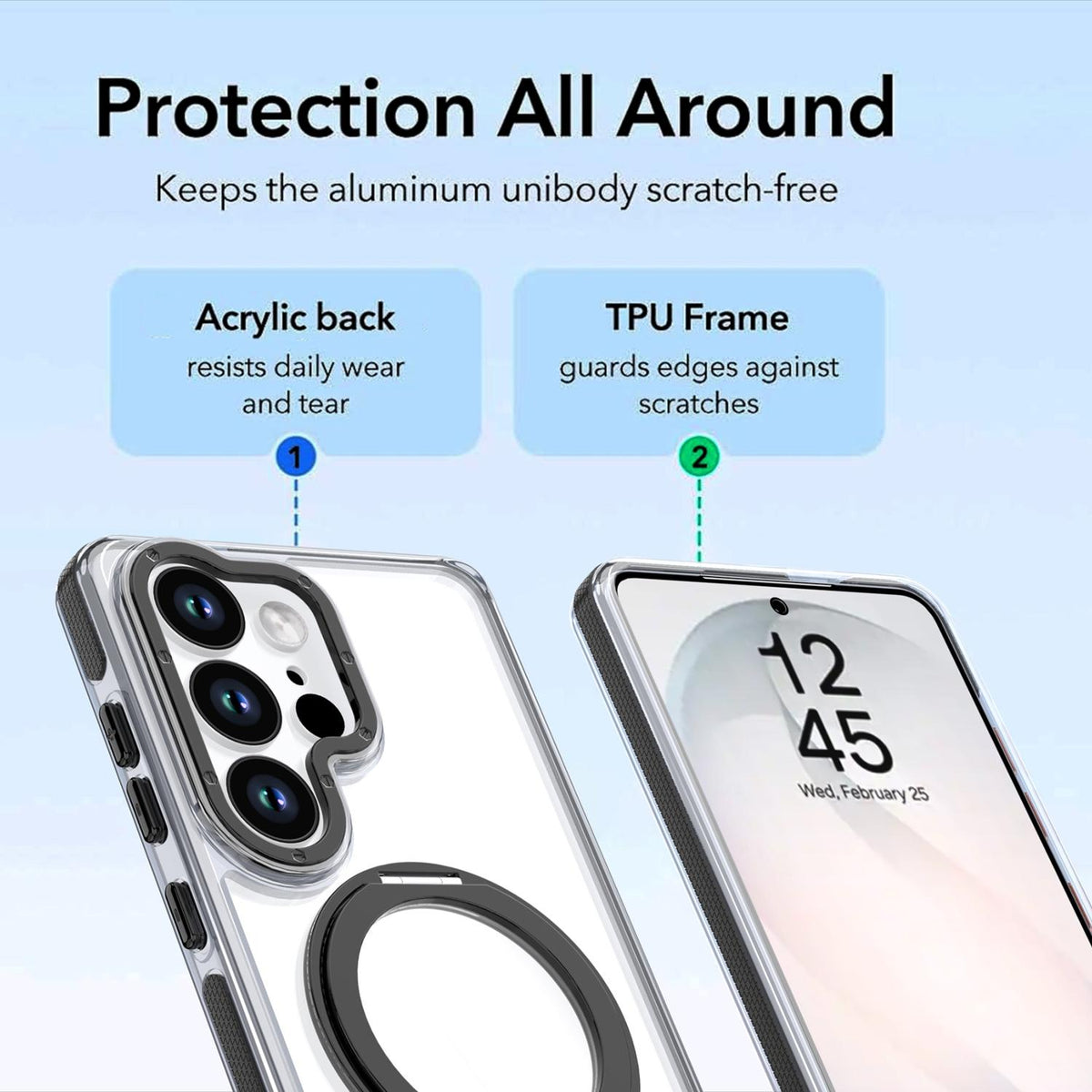 For Galaxy S25 Ultra 5G Dual Color Clear 360 Degree Rotation Holder Magnetic Phone Case - Black - EDA009691904C