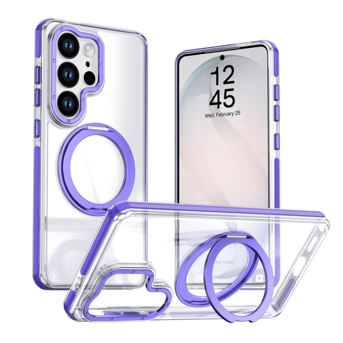 For Galaxy S25 Ultra 5G Dual Color Clear 360 Degree Rotation Holder Magnetic Phone Case - Purple - EDA009691904E