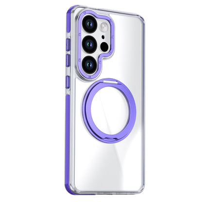 For Galaxy S25 Ultra 5G Dual Color Clear 360 Degree Rotation Holder Magnetic Phone Case - Purple - EDA009691904E