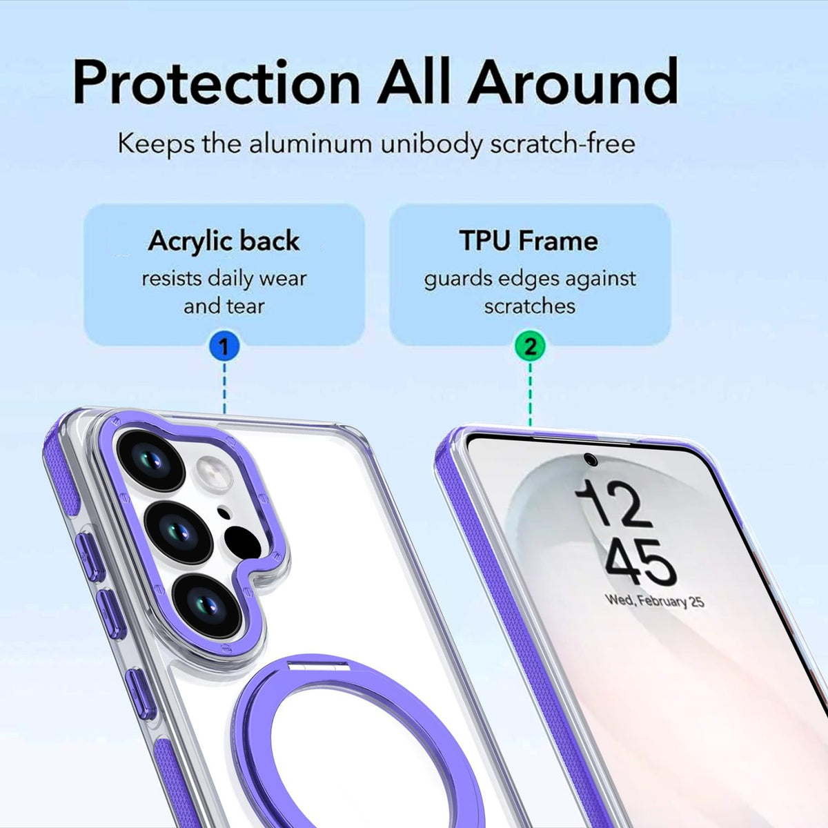 For Galaxy S25 Ultra 5G Dual Color Clear 360 Degree Rotation Holder Magnetic Phone Case - Purple - EDA009691904E