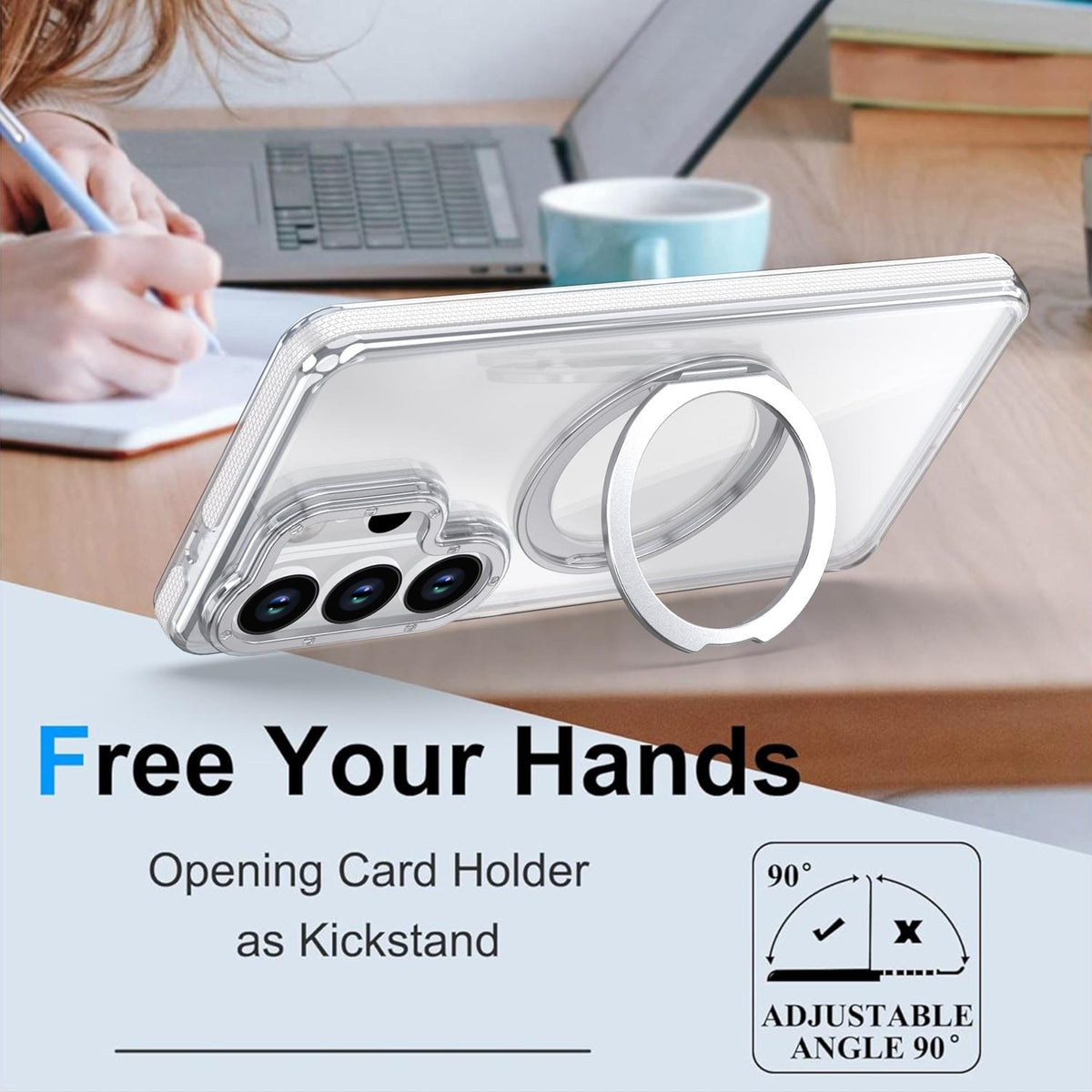 For Galaxy S24 Ultra 5G Dual Color Clear 360 Degree Rotation Holder Magnetic Phone Case - White - EDA009691907A