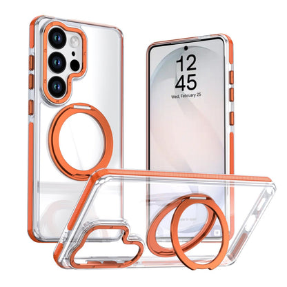 For Galaxy S24 Ultra 5G Dual Color Clear 360 Degree Rotation Holder Magnetic Phone Case - Orange - EDA009691907B