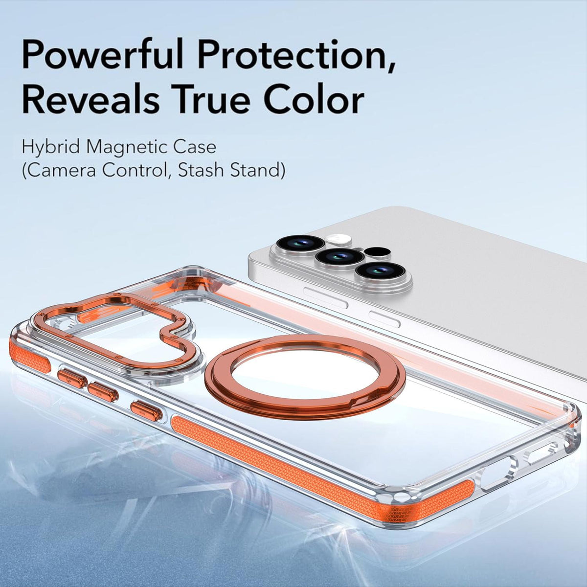 For Galaxy S24 Ultra 5G Dual Color Clear 360 Degree Rotation Holder Magnetic Phone Case - Orange - EDA009691907B