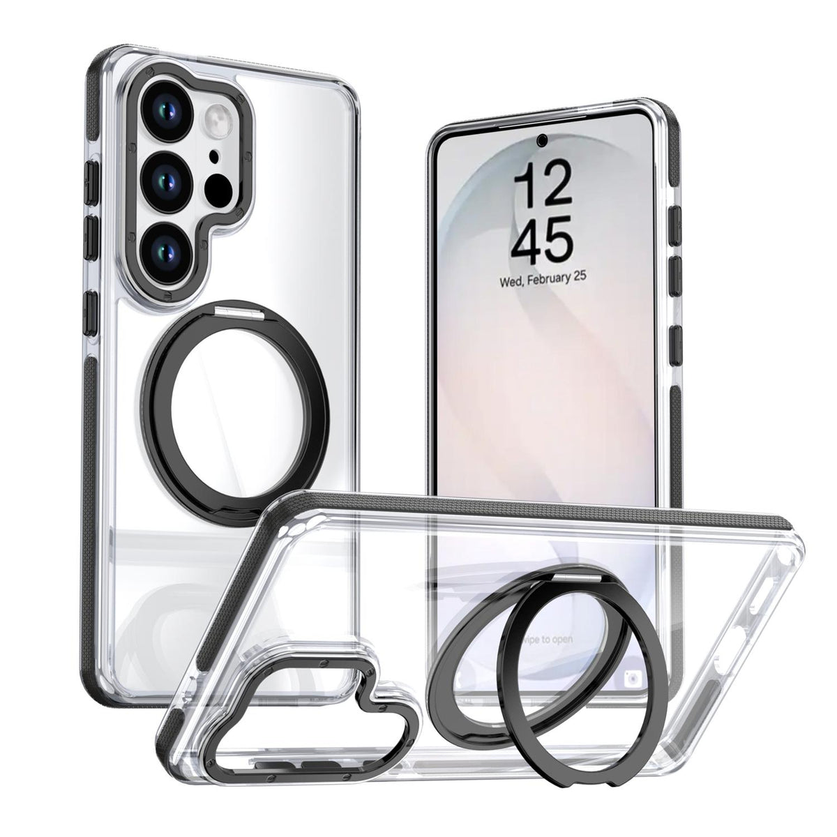 For Galaxy S24 Ultra 5G Dual Color Clear 360 Degree Rotation Holder Magnetic Phone Case - Black - EDA009691907C
