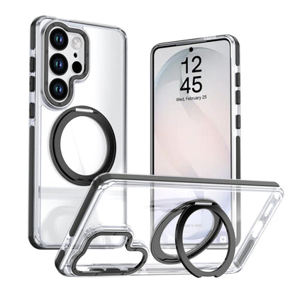 For Galaxy S24 Ultra 5G Dual Color Clear 360 Degree Rotation Holder Magnetic Phone Case - Black - EDA009691907C