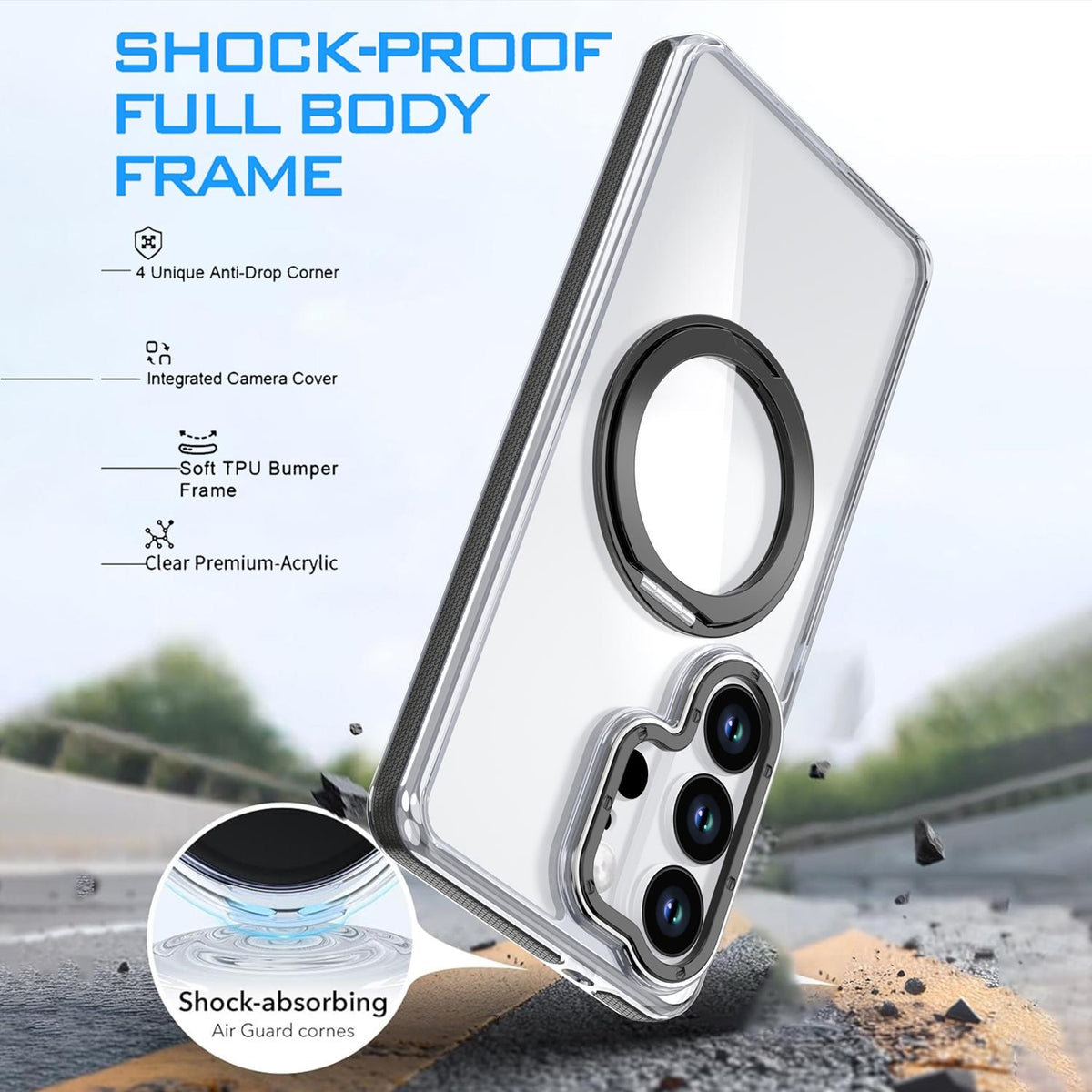 For Galaxy S24 Ultra 5G Dual Color Clear 360 Degree Rotation Holder Magnetic Phone Case - Black - EDA009691907C