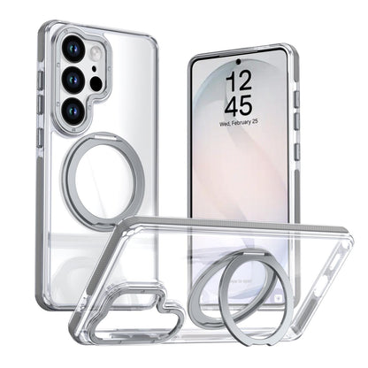 For Galaxy S24 Ultra 5G Dual Color Clear 360 Degree Rotation Holder Magnetic Phone Case - Grey - EDA009691907D