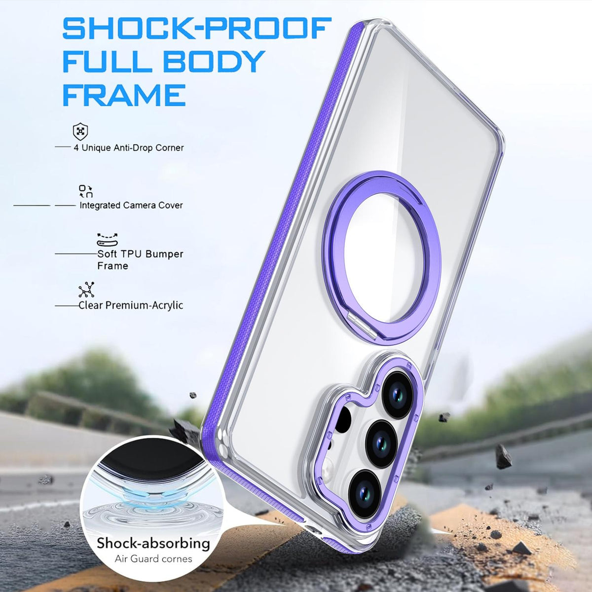 For Galaxy S24 Ultra 5G Dual Color Clear 360 Degree Rotation Holder Magnetic Phone Case - Purple - EDA009691907E