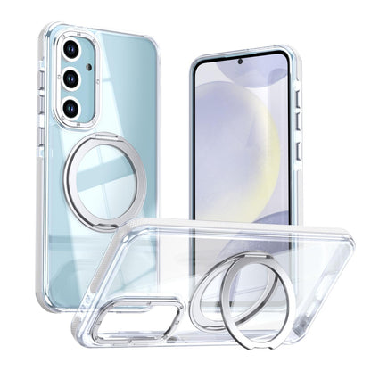 For Galaxy S24 FE 5G Dual Color Clear 360 Degree Rotation Holder Magnetic Phone Case - White - EDA009691908A