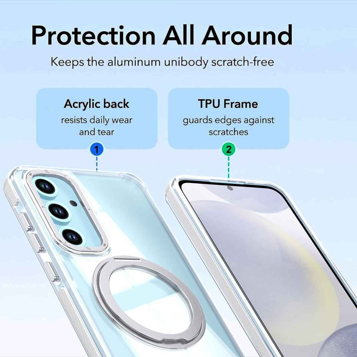For Galaxy S24 FE 5G Dual Color Clear 360 Degree Rotation Holder Magnetic Phone Case - White - EDA009691908A
