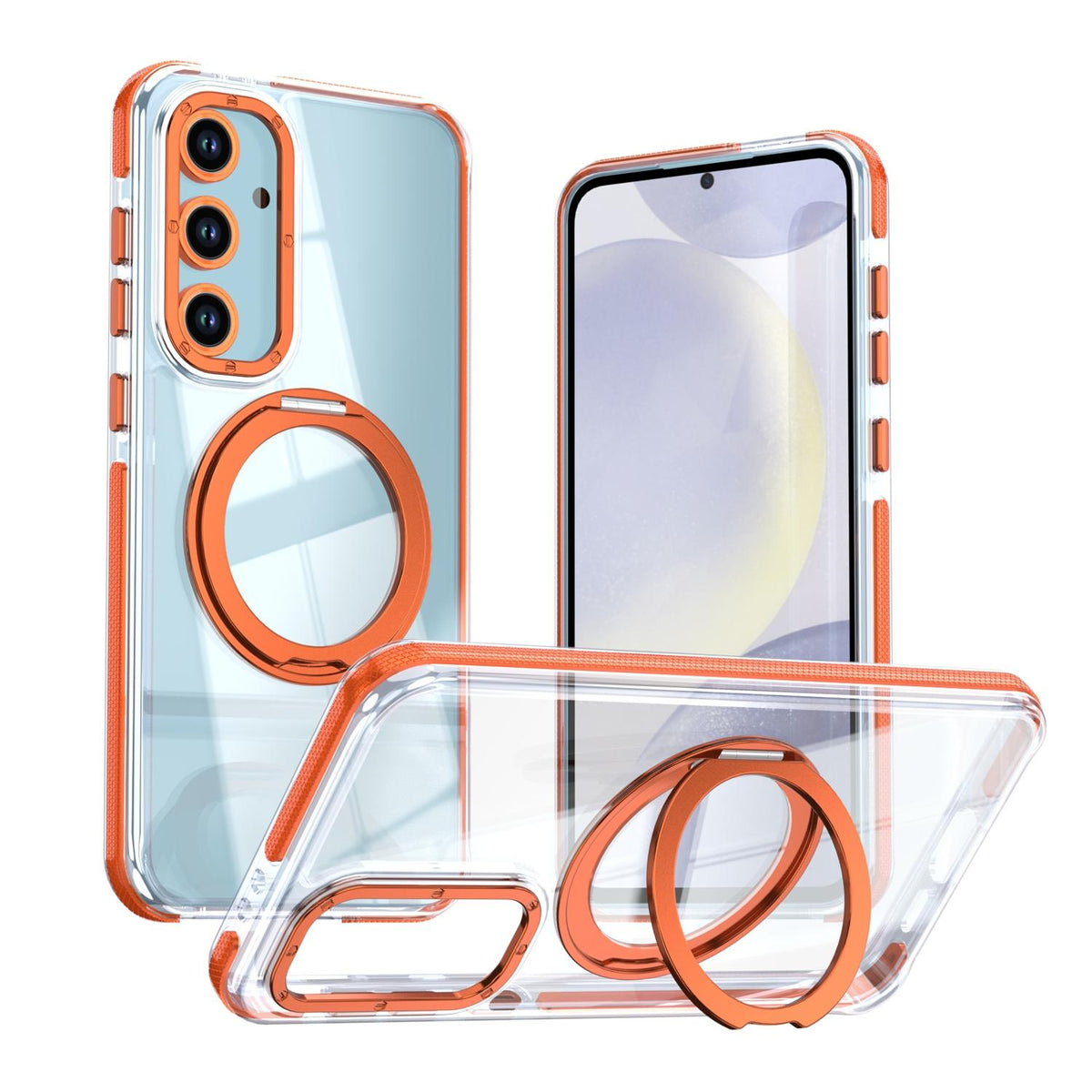For Galaxy S24 FE 5G Dual Color Clear 360 Degree Rotation Holder Magnetic Phone Case - Orange - EDA009691908B