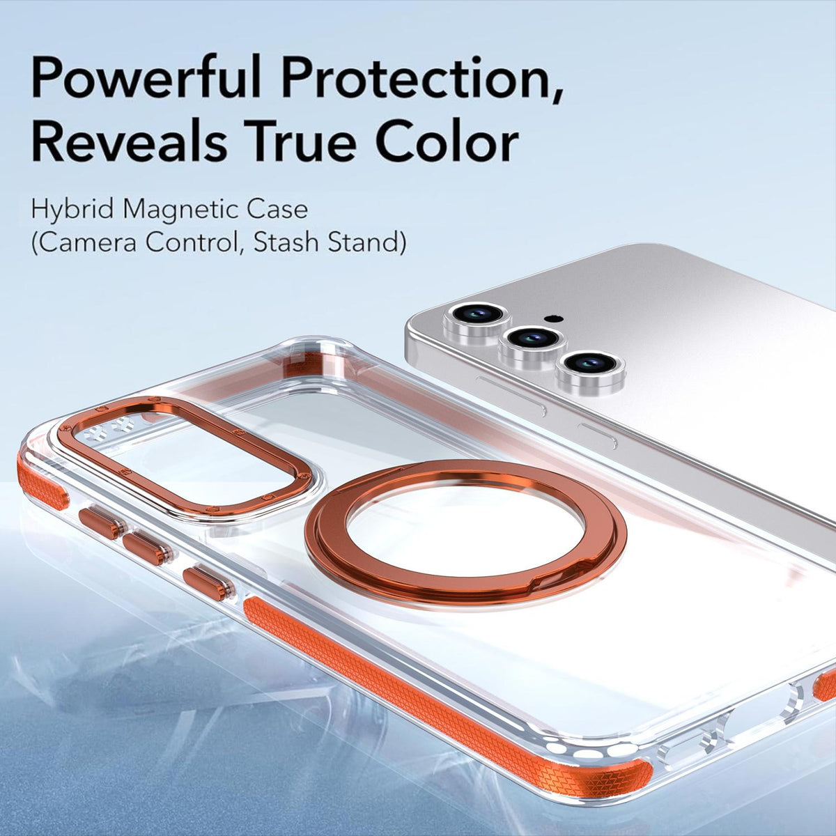 For Galaxy S23 FE 5G Dual Color Clear 360 Degree Rotation Holder Magnetic Phone Case - Orange - EDA009691912B