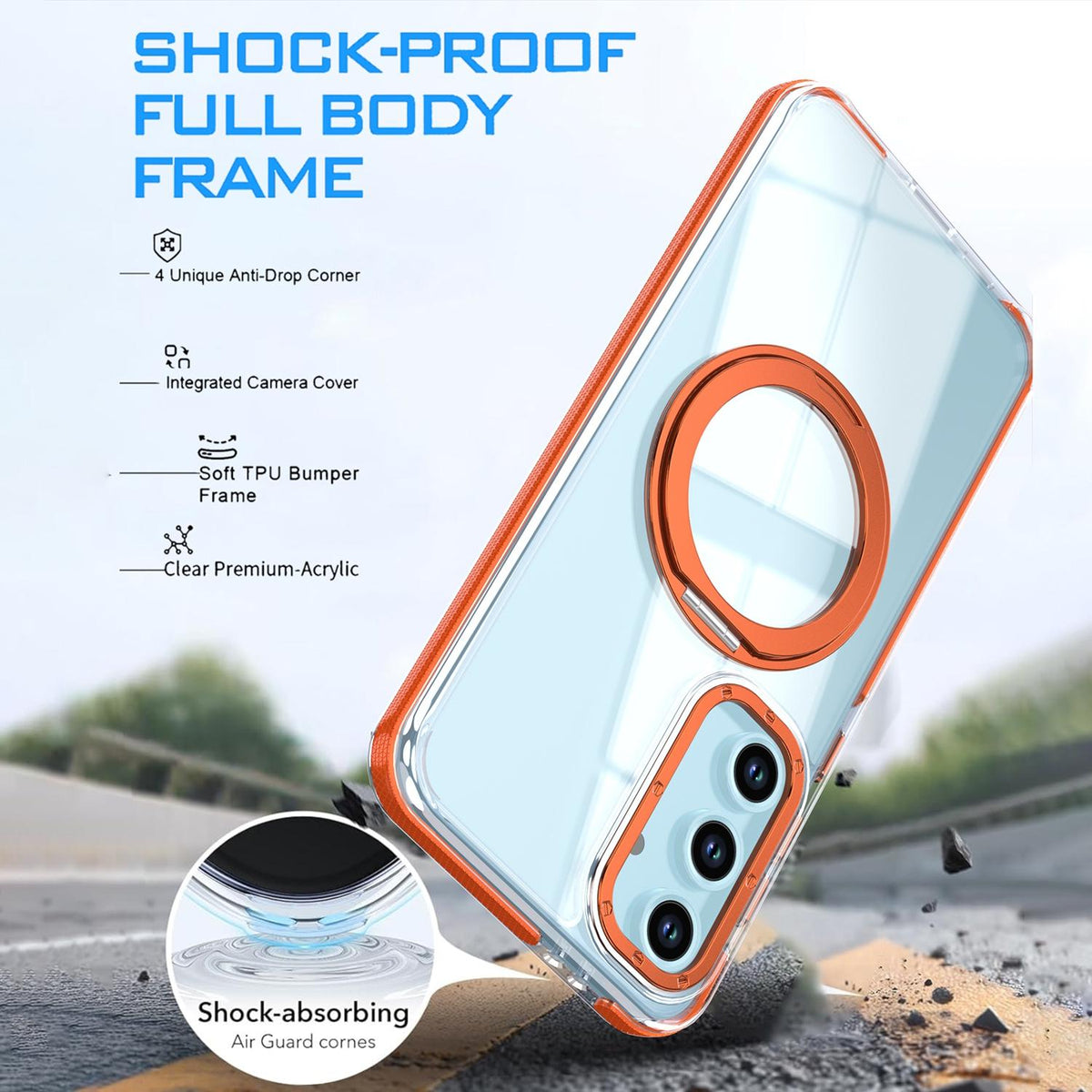 For Galaxy S23 FE 5G Dual Color Clear 360 Degree Rotation Holder Magnetic Phone Case - Orange - EDA009691912B