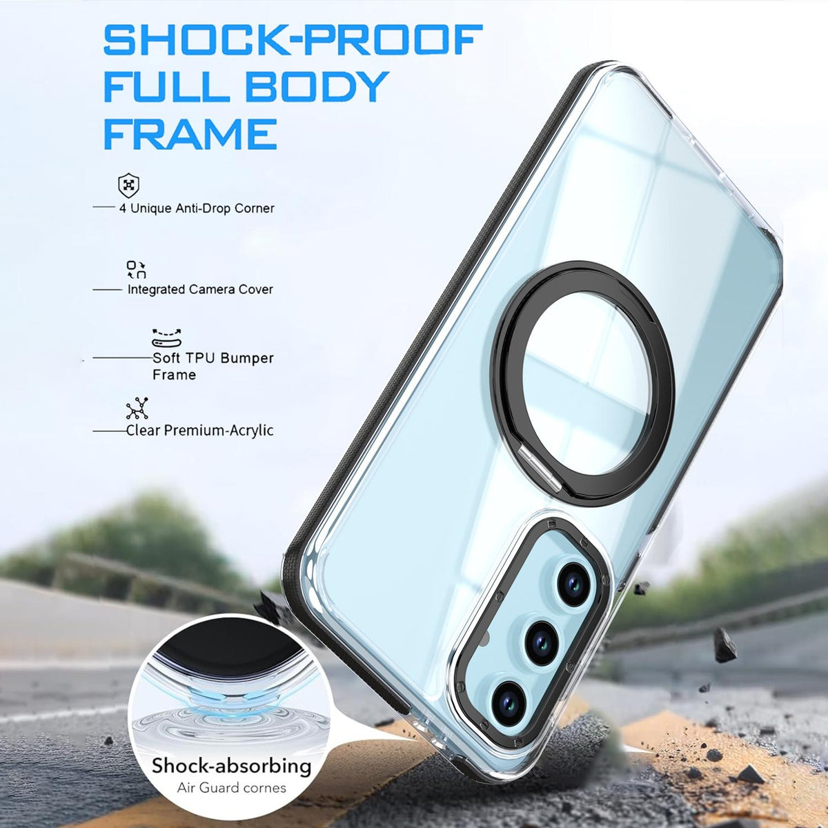 For Galaxy S23 FE 5G Dual Color Clear 360 Degree Rotation Holder Magnetic Phone Case - Black - EDA009691912C